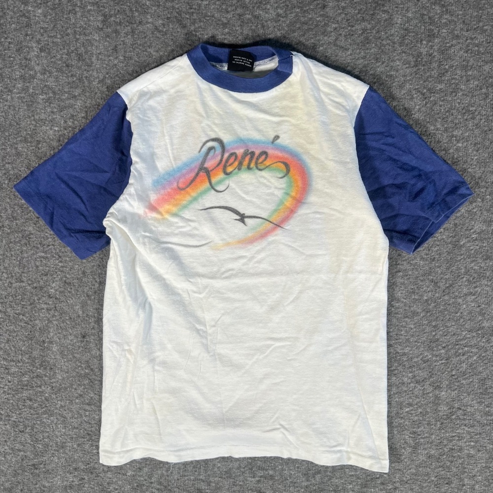 Vintage Hanes 80s Rene Ringer T-Shirt Blue White Rainbow Airbrush Graphic Small